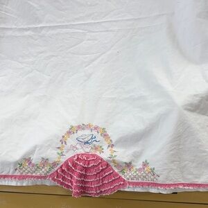Vintage White and Pink Embroidered top Sheet JC Penny